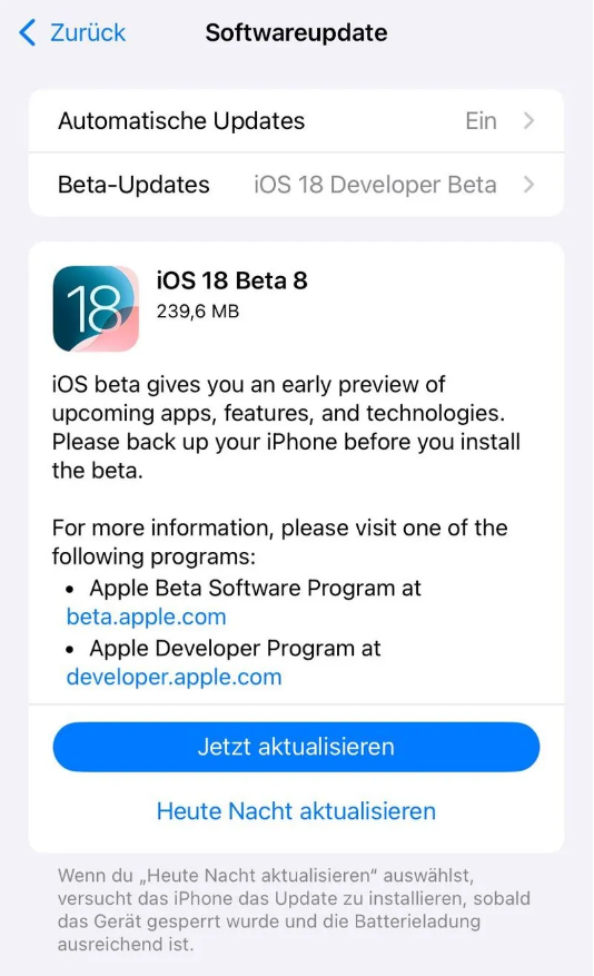 安居苹果手机维修分享苹果 iOS / iPadOS 18 开发者预览版 Beta 8 发布 